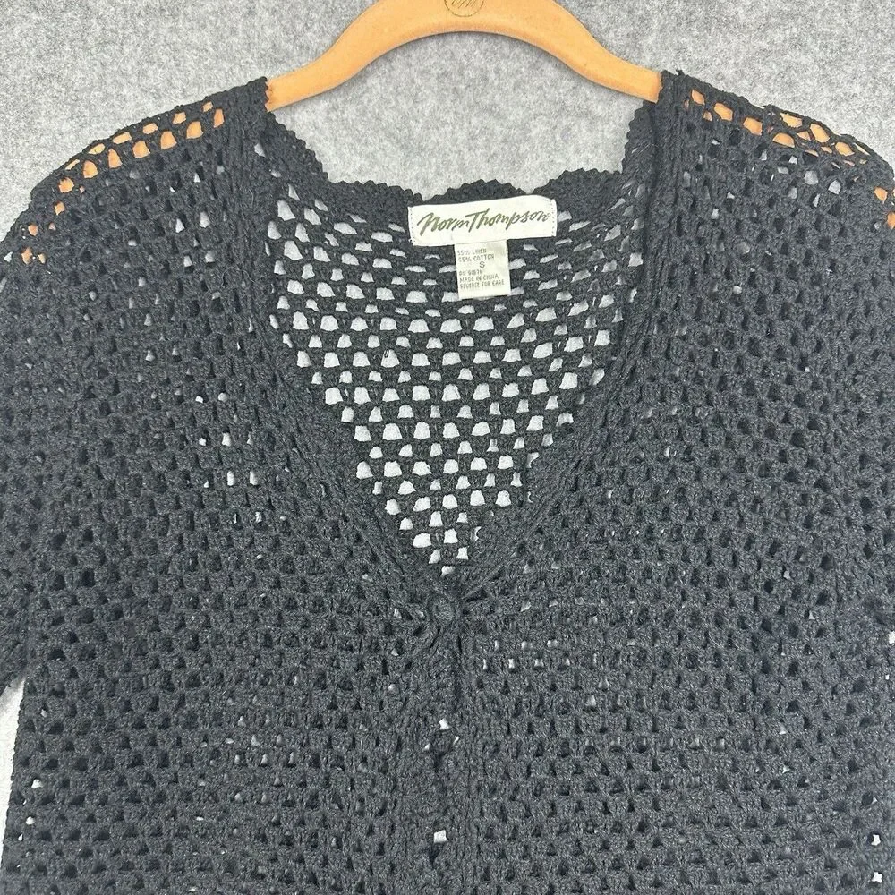 VTG Norm Thompson Black Crochet Knit Cardigan Sweater Sz S Linen Cotton Scallop